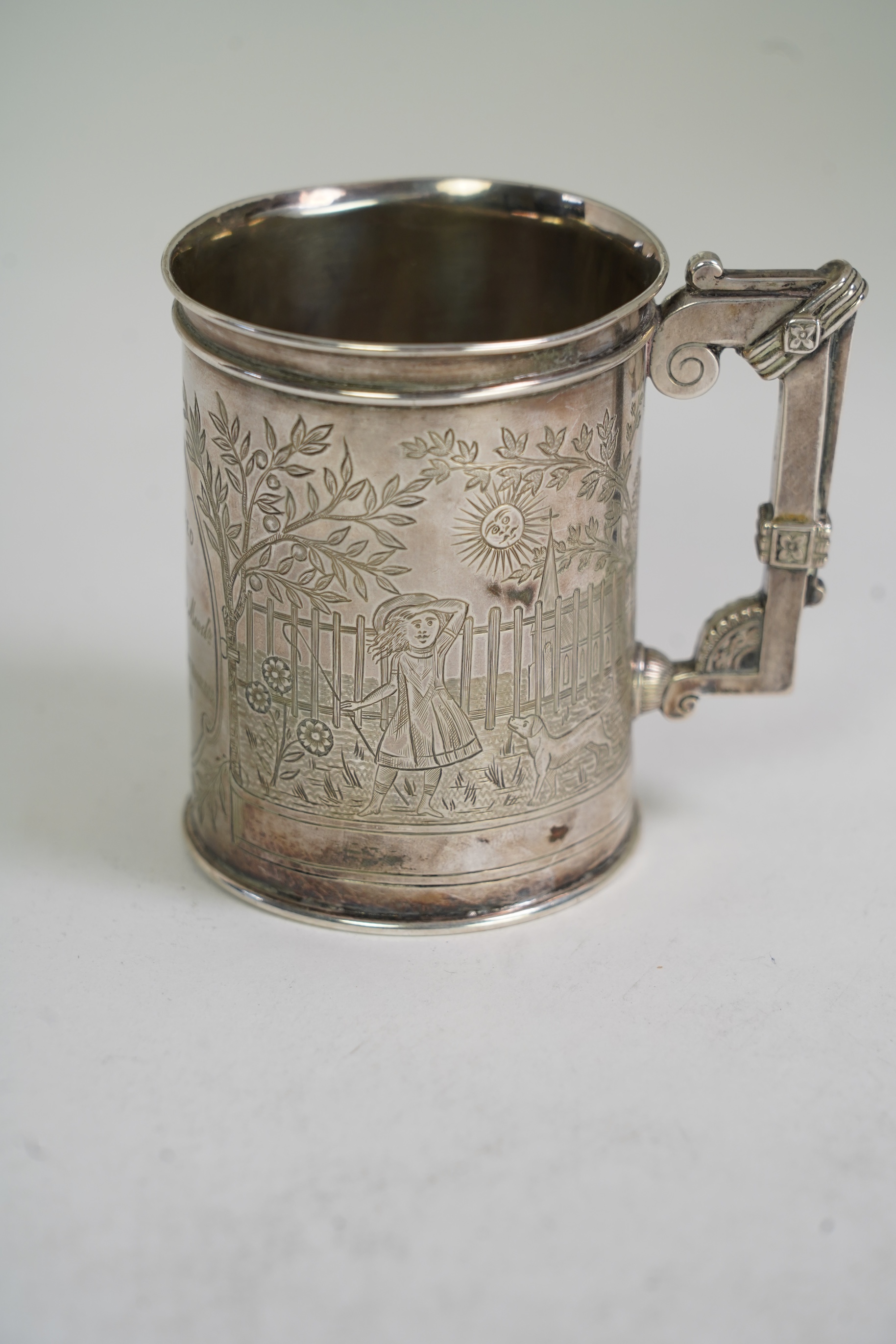 A 19th century Indian colonial white metal christening mug, by P. Orr & Sons, Madras